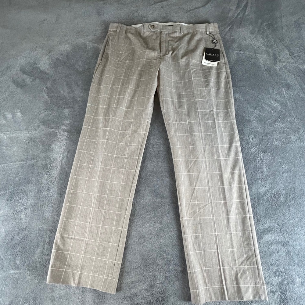 Lauren Ralph Lauren Mens 38x30 Ultraflex Classic Fit Windowpane Dress Pants Tan